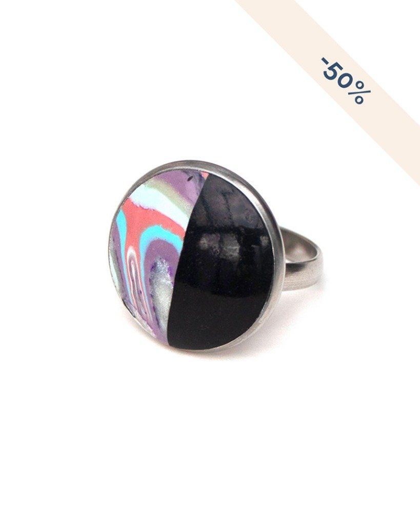 Grande bague ajustable Mokume Gane rose et noir - modèle unique - Promotions sur les anciennes collections