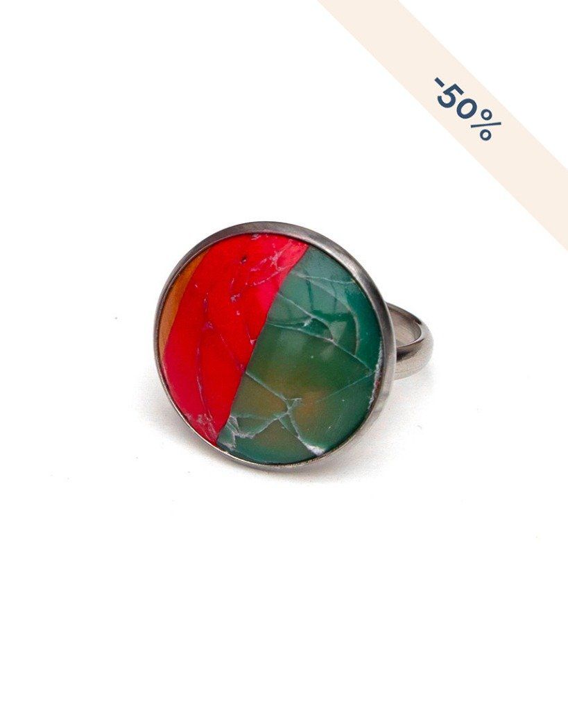 Grande bague ajustable marbre vert et rouge - modèle unique - Promotions sur les anciennes collections