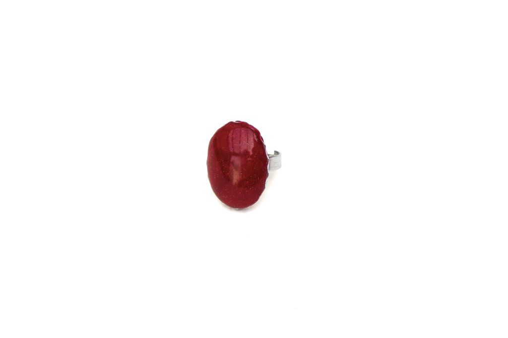 Grande bague réglable ovale rouge pailleté en acier inoxydable