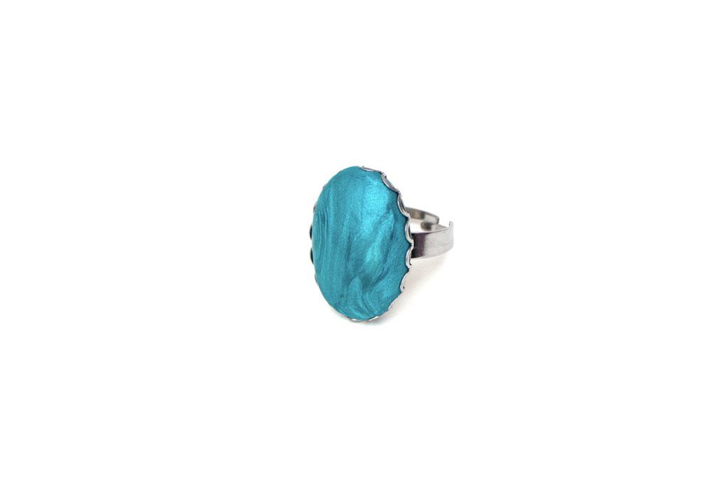 Grande bague réglable ovale bleu turquoise en acier inoxydable