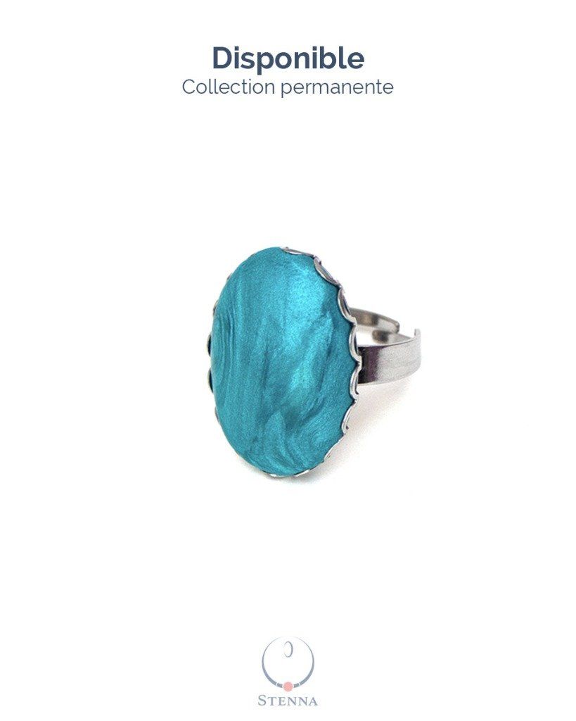 Bague réglable ovale en acier inoxydable turquoise - Collection permanente - Disponible