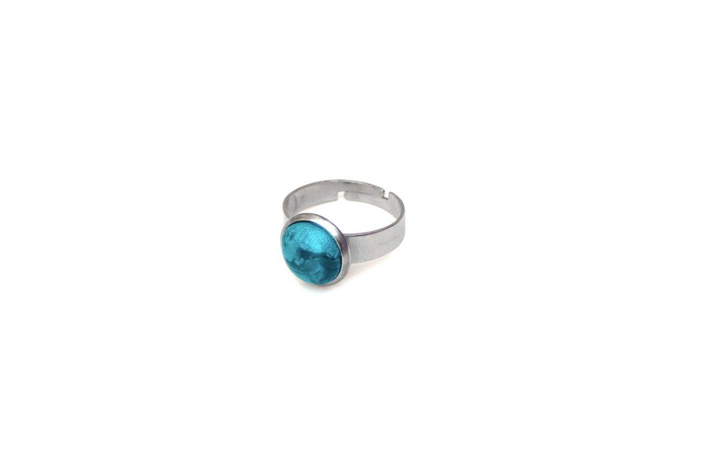 Petite bague réglable ronde bleu turquoise en acier inoxydable