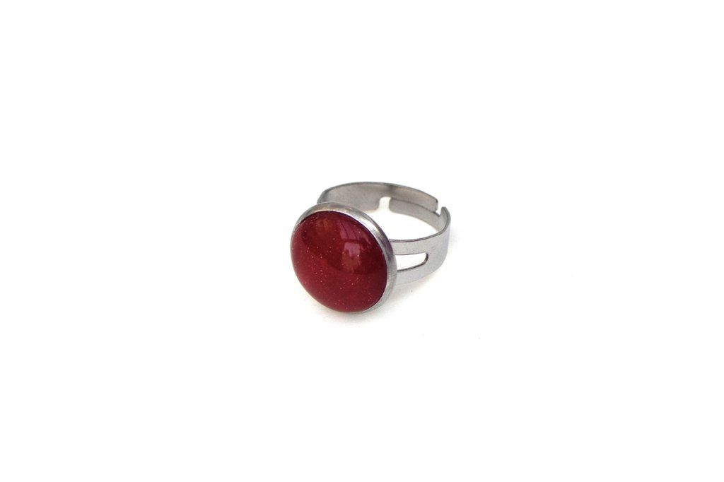 Petite bague réglable ronde rouge pailleté en acier inoxydable