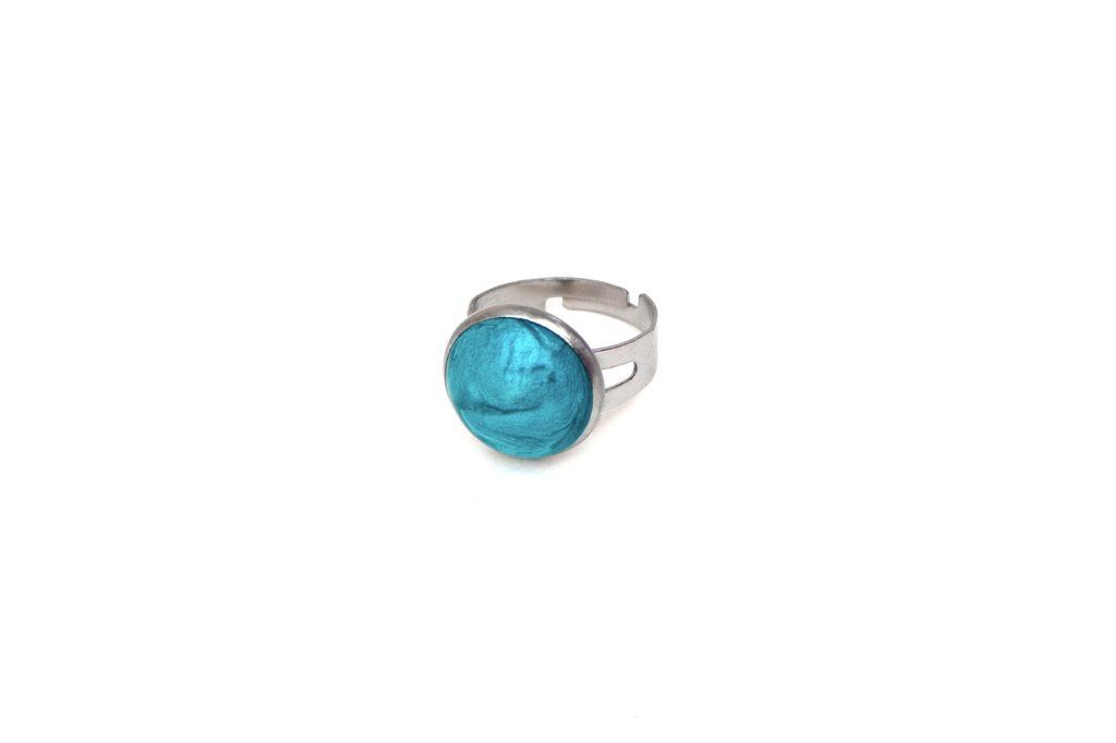 Petite bague réglable ronde bleu turquoise en acier inoxydable