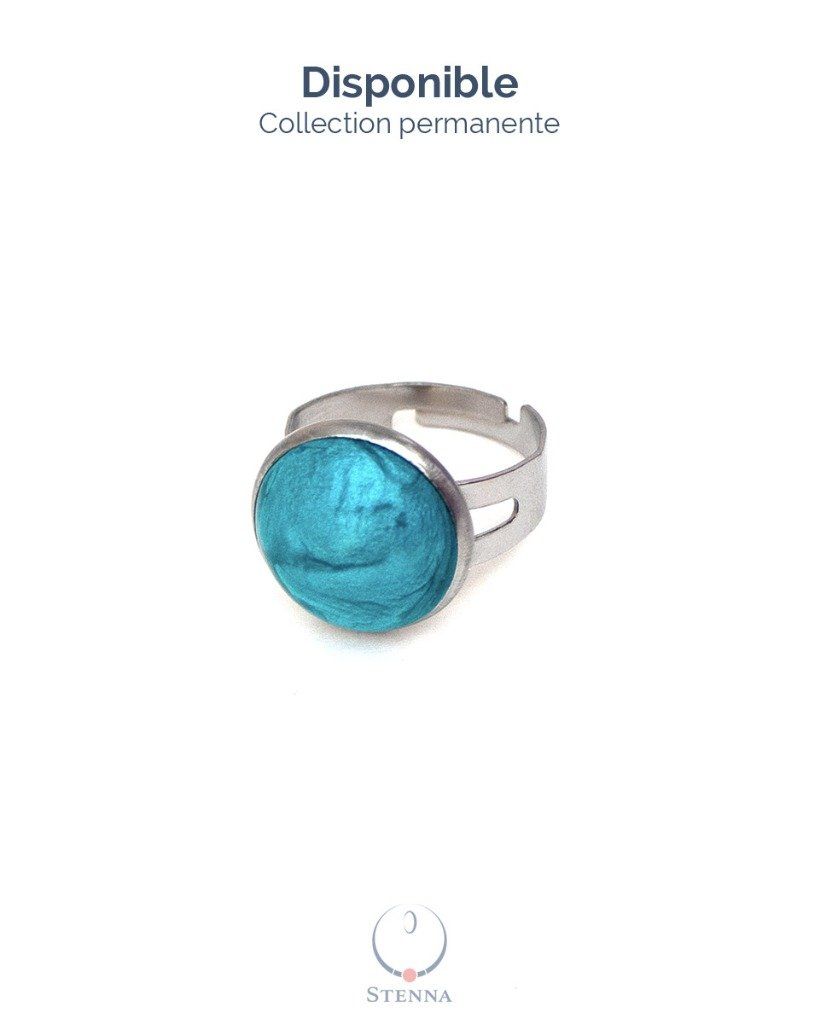 Bague réglable ronde en acier inoxydable turquoise - Collection permanente - Disponible