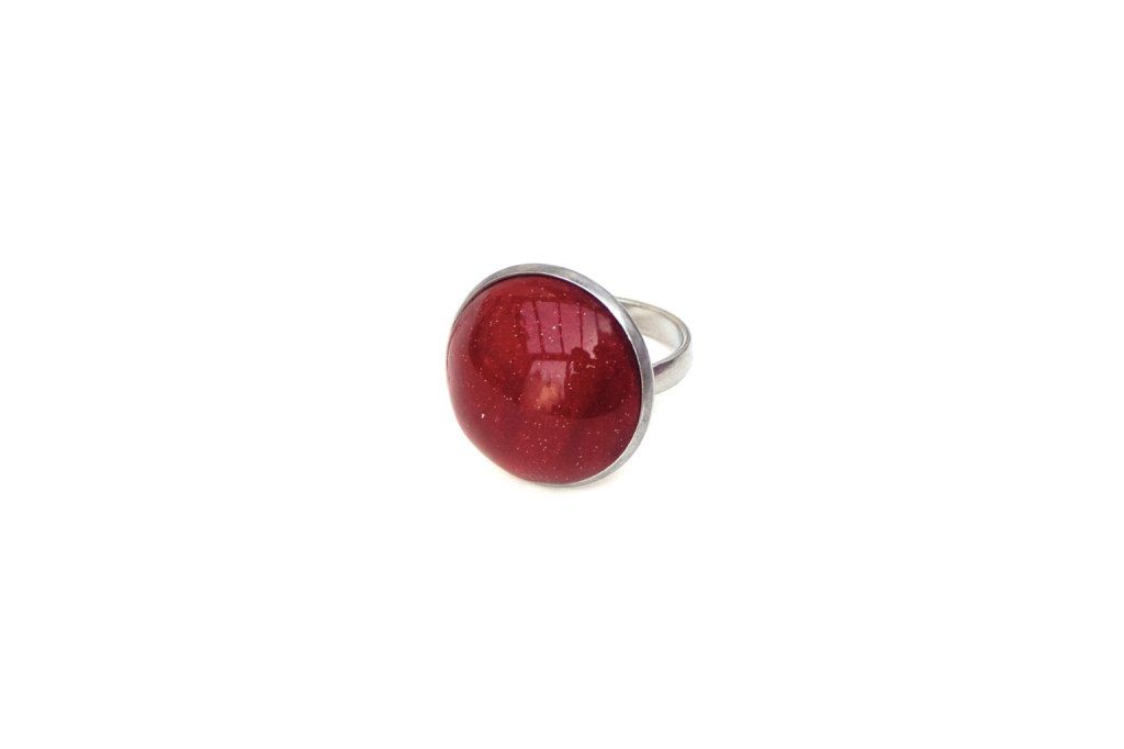 Grande bague réglable ronde rouge pailleté en acier inoxydable