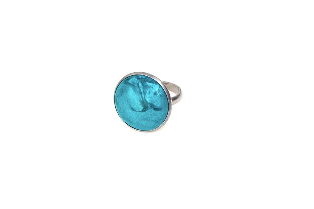 Grande bague réglable ronde bleu turquoise en acier inoxydable