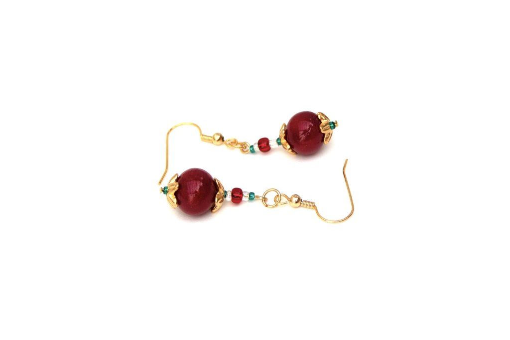 Boucles d'oreilles boules rouge pailleté laiton doré