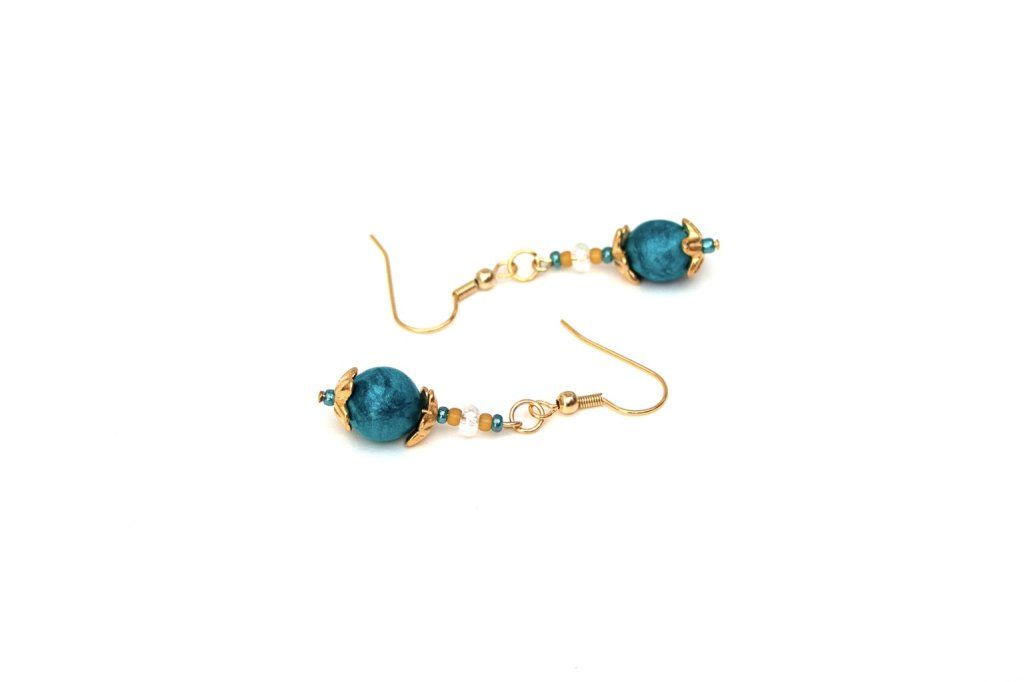 Boucles d'oreilles boules bleu turquoise laiton doré