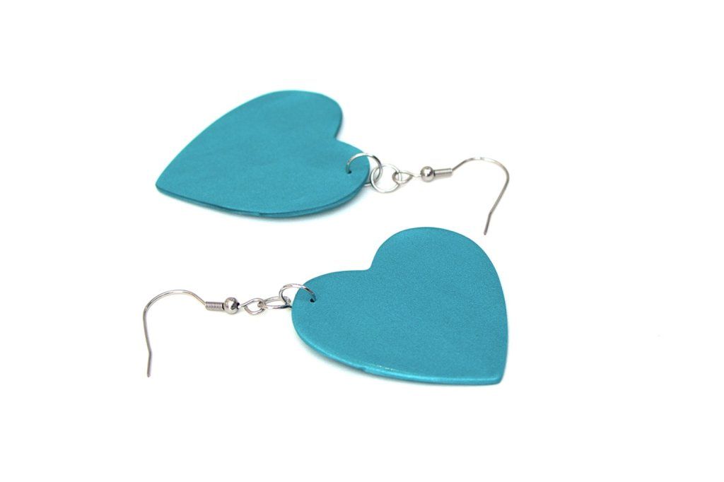 Grandes boucles d'oreilles coeurs bleu turquoise - Collection Simplicité - Prix 27€