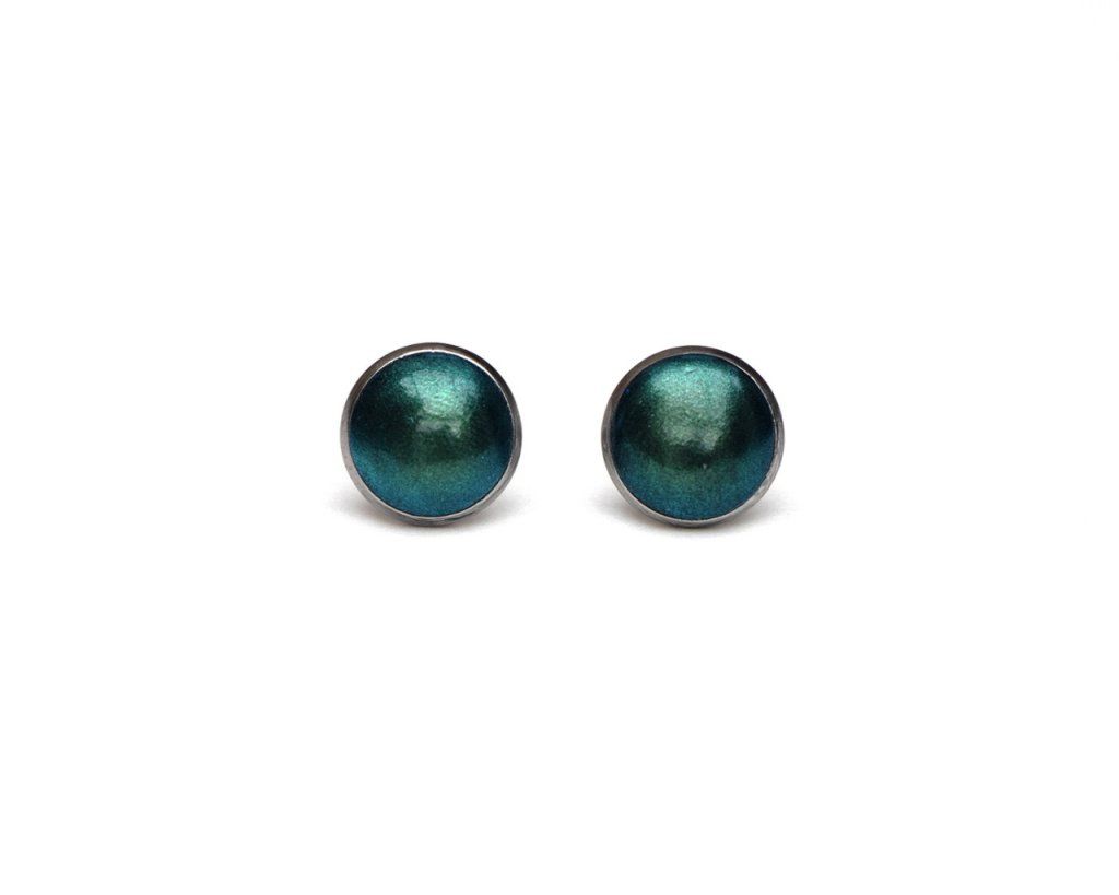 Boucles d'oreilles puces serties 10mm duochrome bleu vert en acier inoxydable