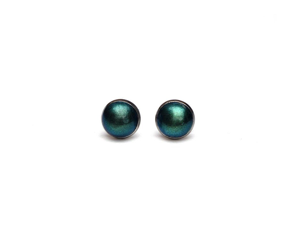 Boucles d'oreilles puces serties 8mm duochrome bleu vert en acier inoxydable
