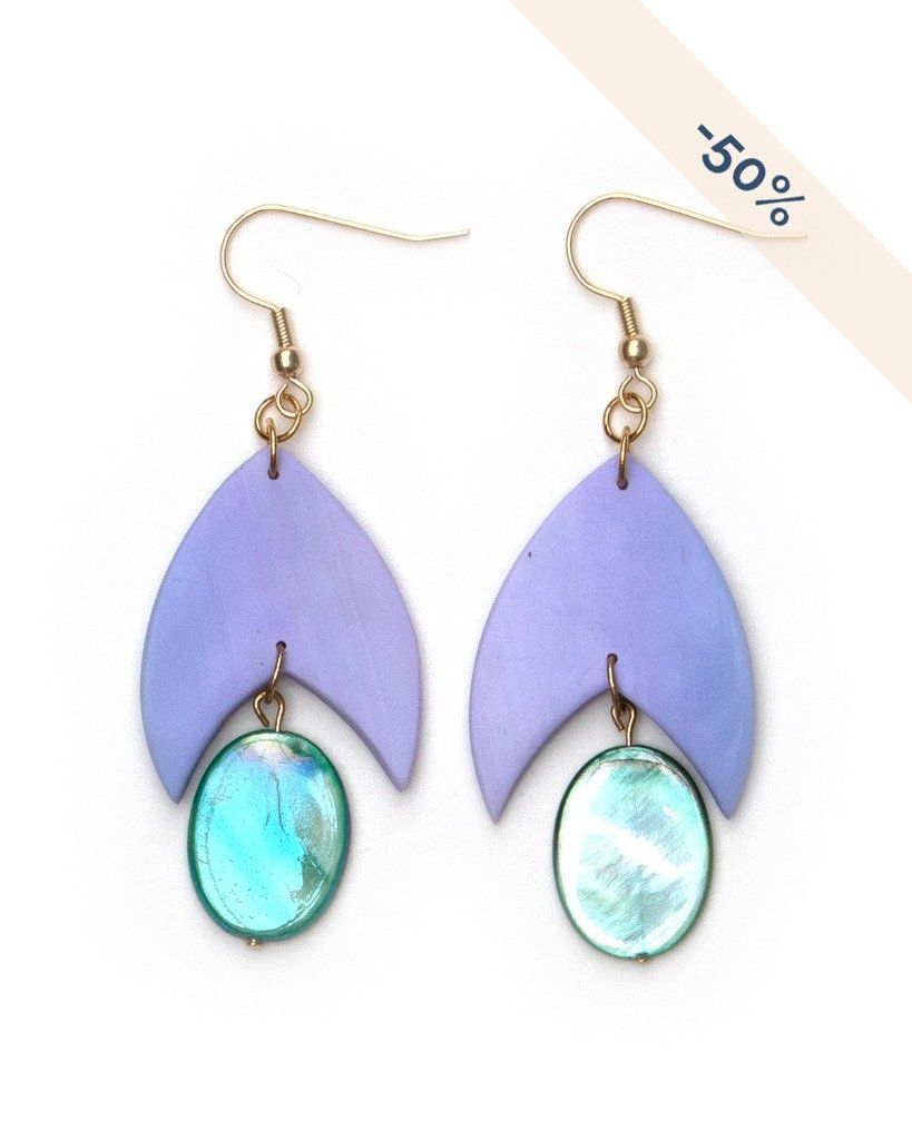 Boucles d'oreilles flèche violet et nacre vert - Modèle unique - Promotion 50%