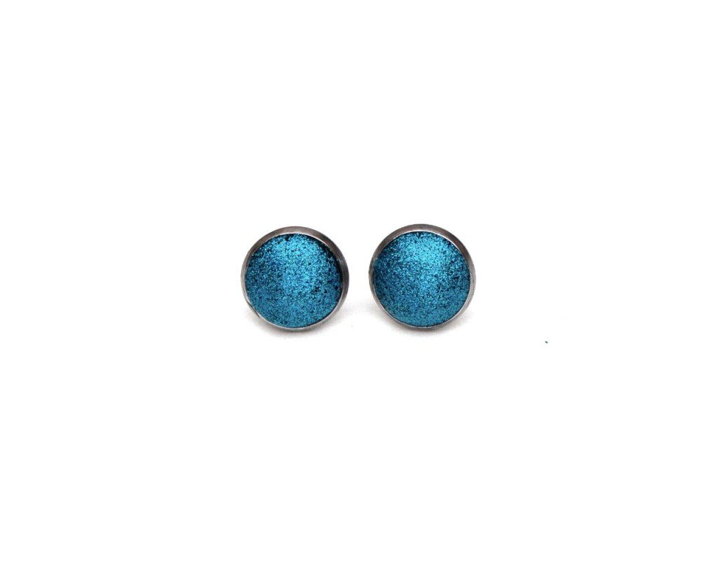 Boucles d'oreilles puces serties 10mm paillettes holographiques bleu turquoise en acier inoxydable