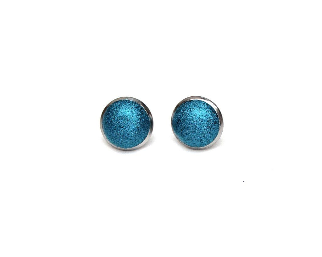 Boucles d'oreilles puces serties 12mm paillettes holographiques bleu turquoise en acier inoxydable
