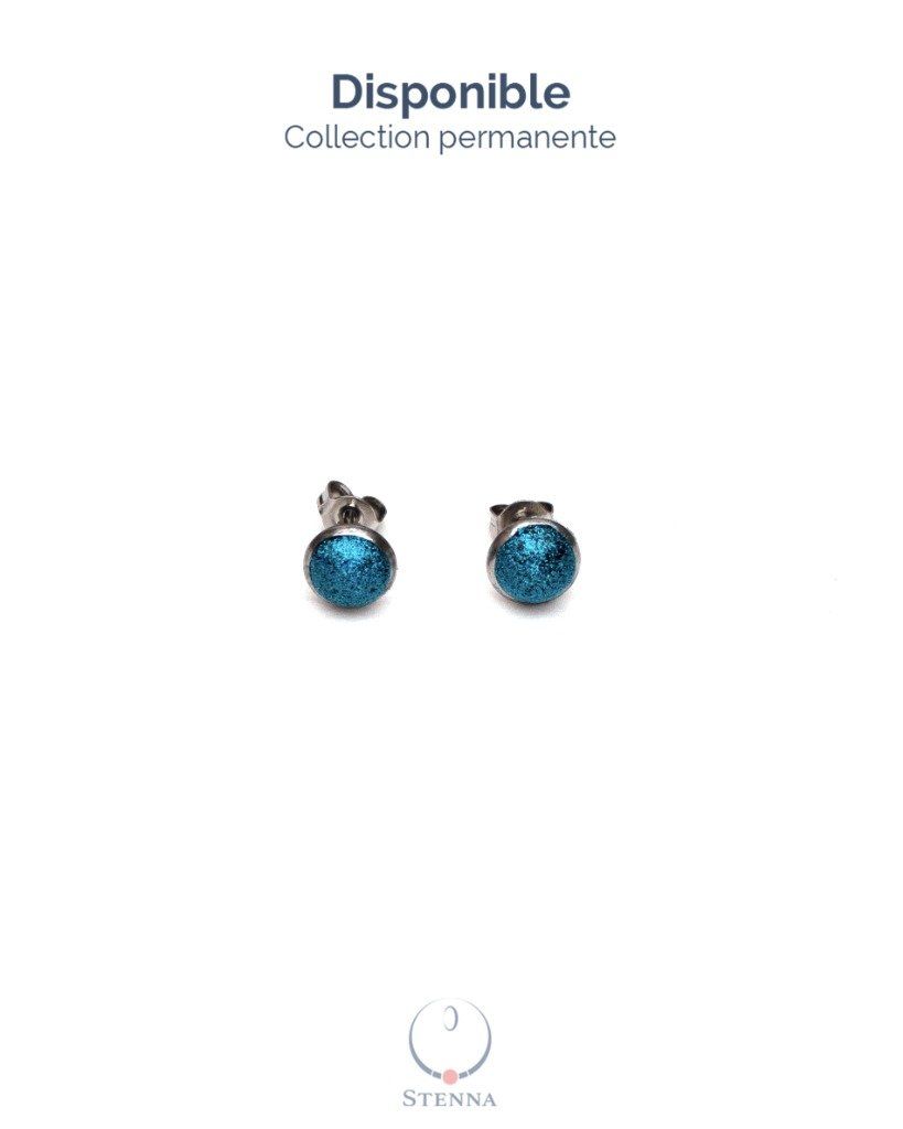 Boucles d'oreilles puces serties 6mm paillettes bleu turquoise - Collection Permanente - Disponible