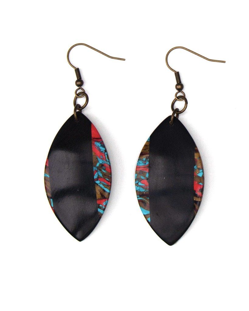 Boucles d'oreilles grandes navettes marbre noir bleu rouge et or - Collection Imitation - Modèle unique