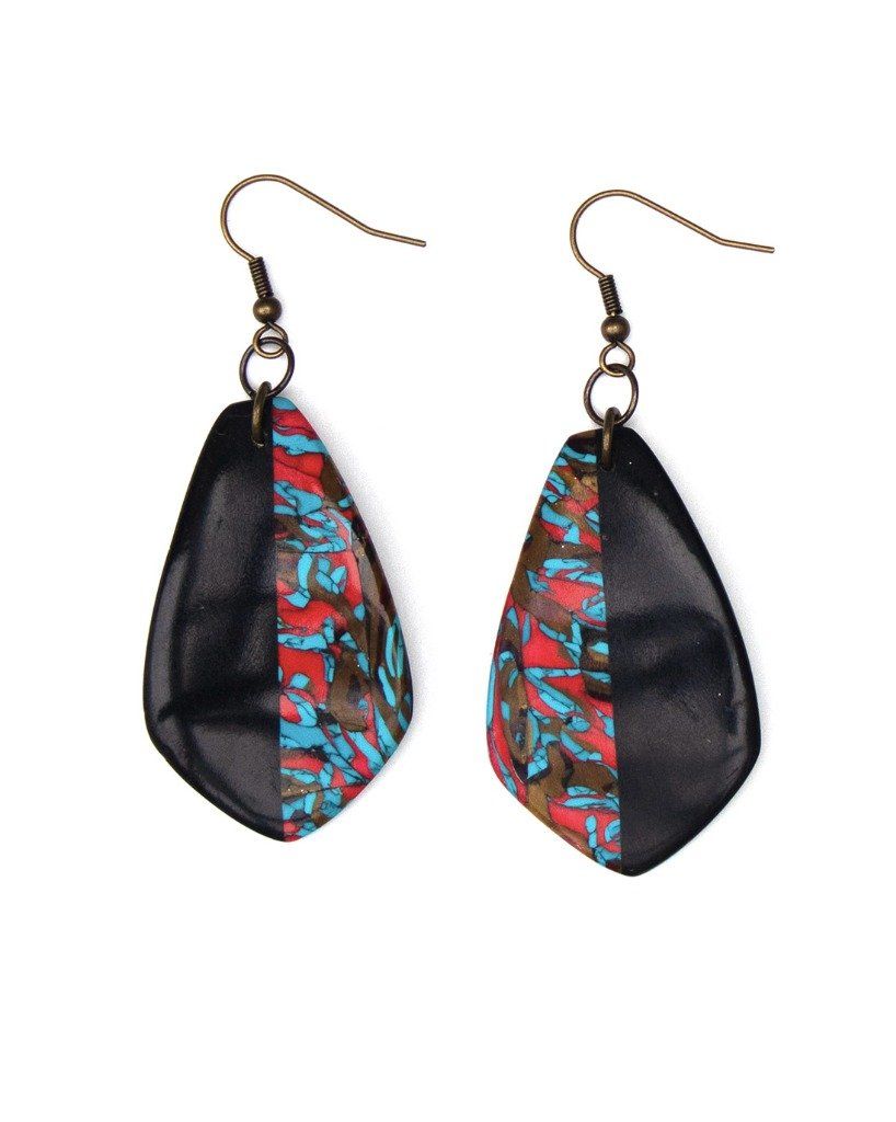 Boucles d'oreilles grandes pétales marbre noir bleu rouge et or - Collection Imitation - Modèle unique