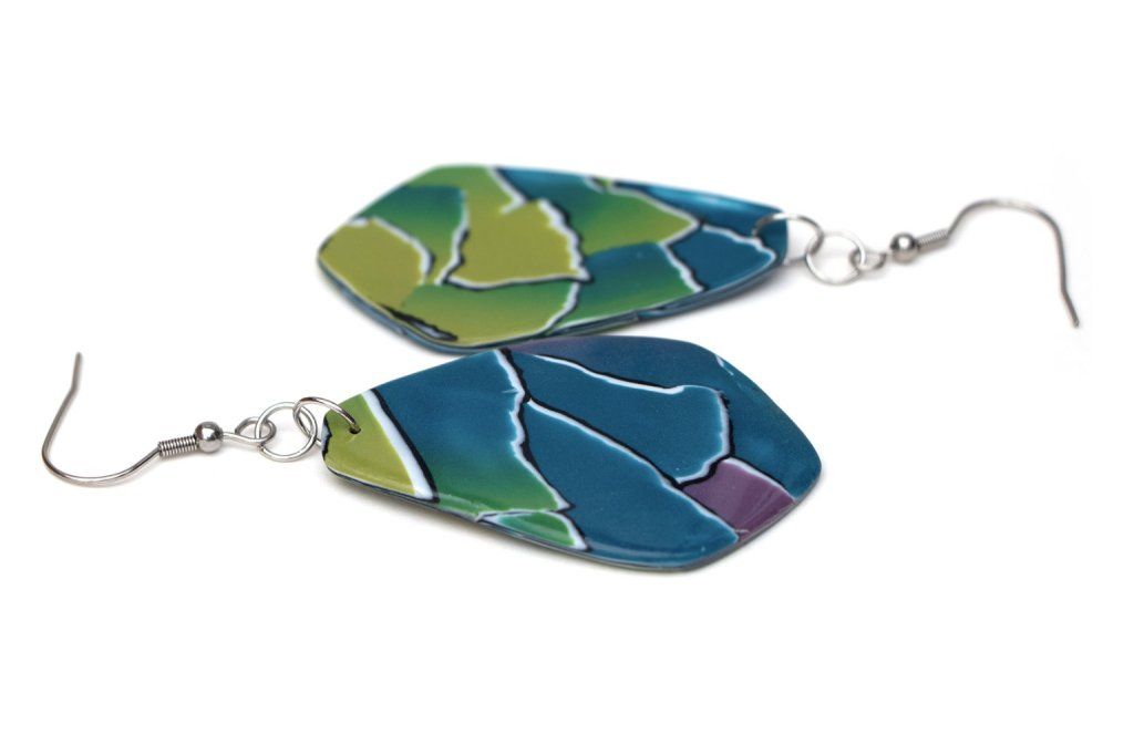 Boucles d'oreilles grandes pétales bleu vert et violet - collection Couleurs Unies