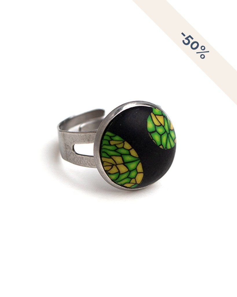 Petite bague ronde ajustable noir vert et jaune - Collection Géométrie - Disponible