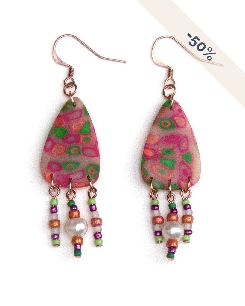 Boucles d'oreilles pendantes rose fuchsia - Collection Géométrie - Disponible