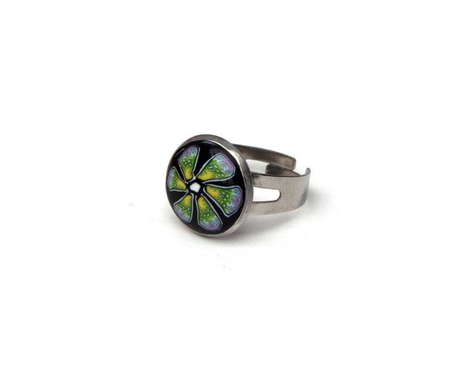 Petite bague réglable acier inoxydable fleurs vertes et noir recto