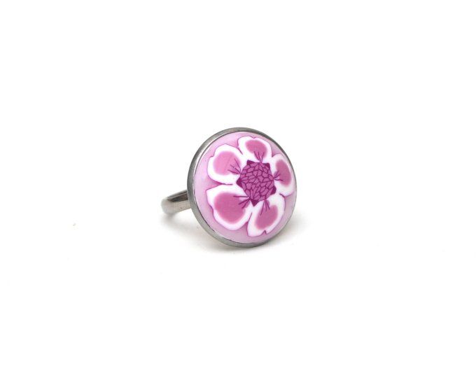 grande bague serties fleur de cerisier acier inoxydable recto