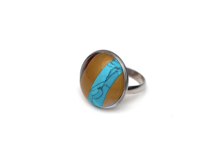 Grande bague réglable ronde en acier inoxydable imitation turquoise or et corail - Pièce unique