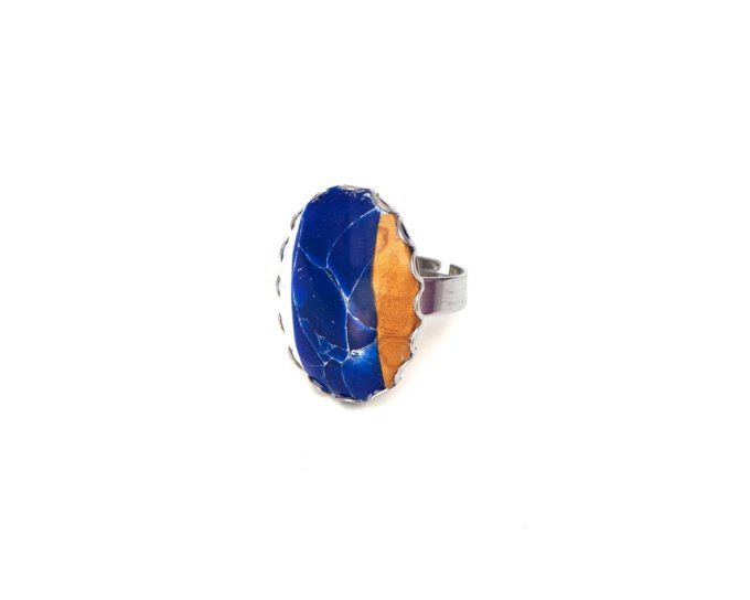 Grande bague réglable acier inoxydable marbre bleu foncé et or recto