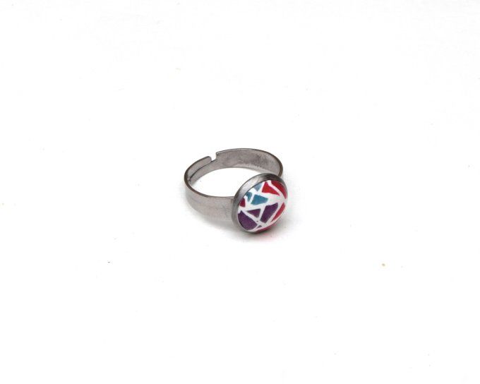 Petite bague réglable imitation vitrail bleu, rouge et violet en acier inoxydable - Pièce unique