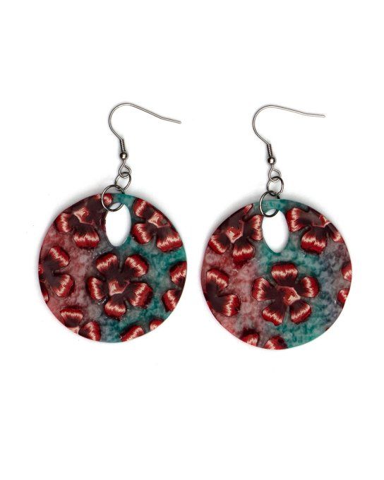 boucles oreilles rondes relief fleurs rouges