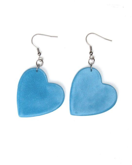 boucles d'oreilles grands coeurs bleu clair pailleté recto