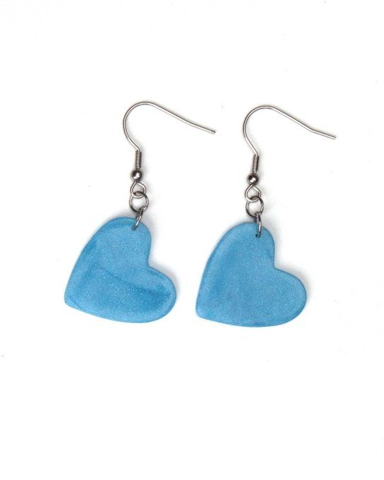 boucles d'oreilles petits coeurs bleu clair pailleté recto