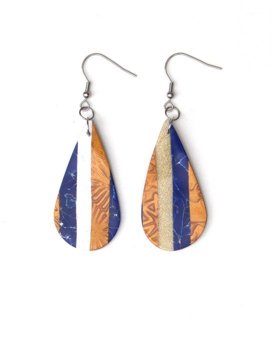 boucles oreilles gouttes or blanc bleu piece unique verso