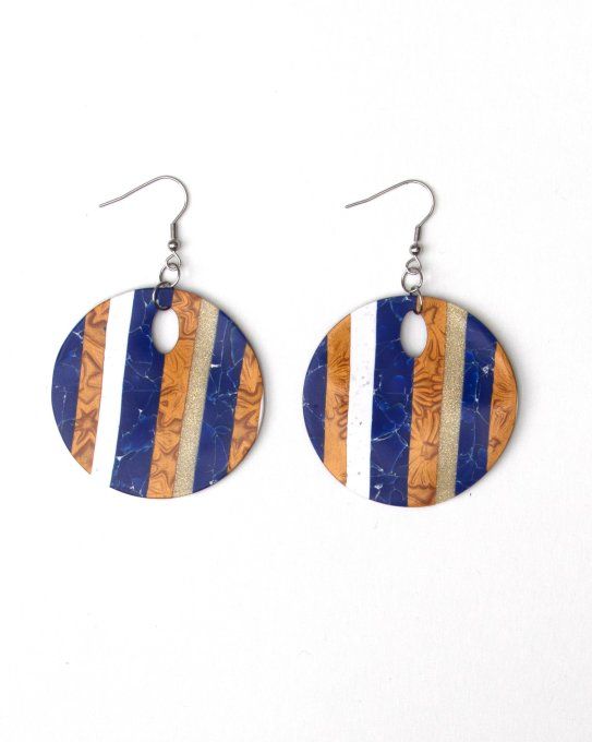 boucles oreilles marbre bleu or blanc rayure verso
