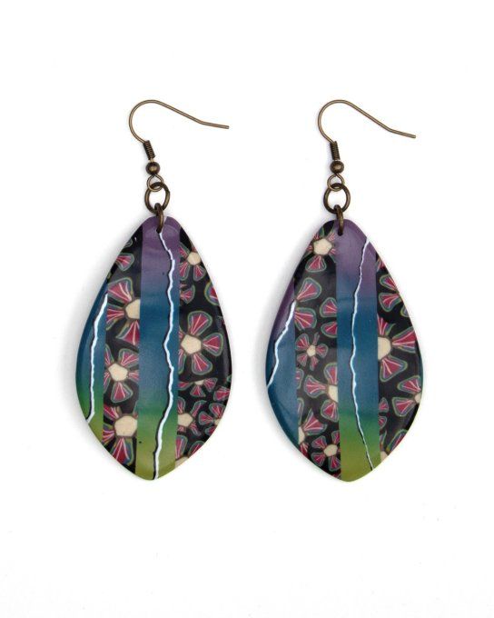 Boucles d'oreilles très grandes pétales fleurs et dégradé violet bleu et vert - Pièce unique