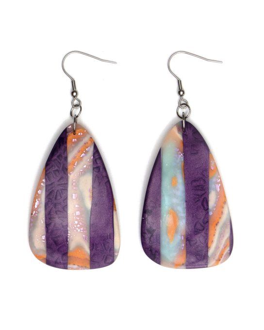 Déstockage : boucles d'oreilles et bagues réglables Mokume Gane orange vert et rose - Pièces uniques