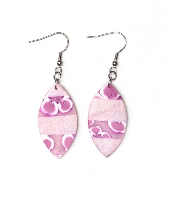 boucles oreilles navette fleurs de cerisier rose recto