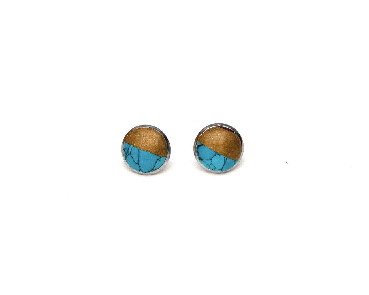 Boucles d'oreilles en acier inoxydable puces serties 12mm imitation turquoise et or - Pièce unique