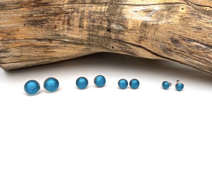 Boucles d'oreilles puces serties paillettes bleu turquoise en acier inoxydable : taille au choix