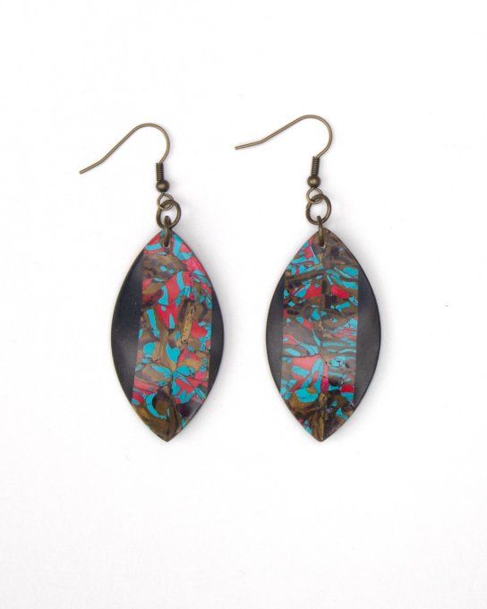 boucles oreilles navette imitation noir bleu or verso