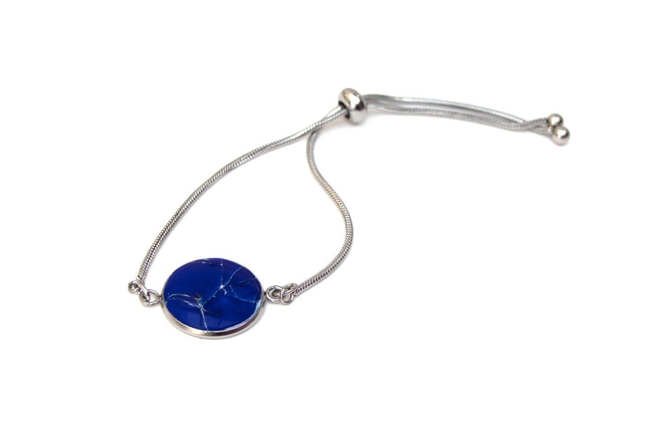 Bracelet réglable serti rond imitation marbre bleu foncé