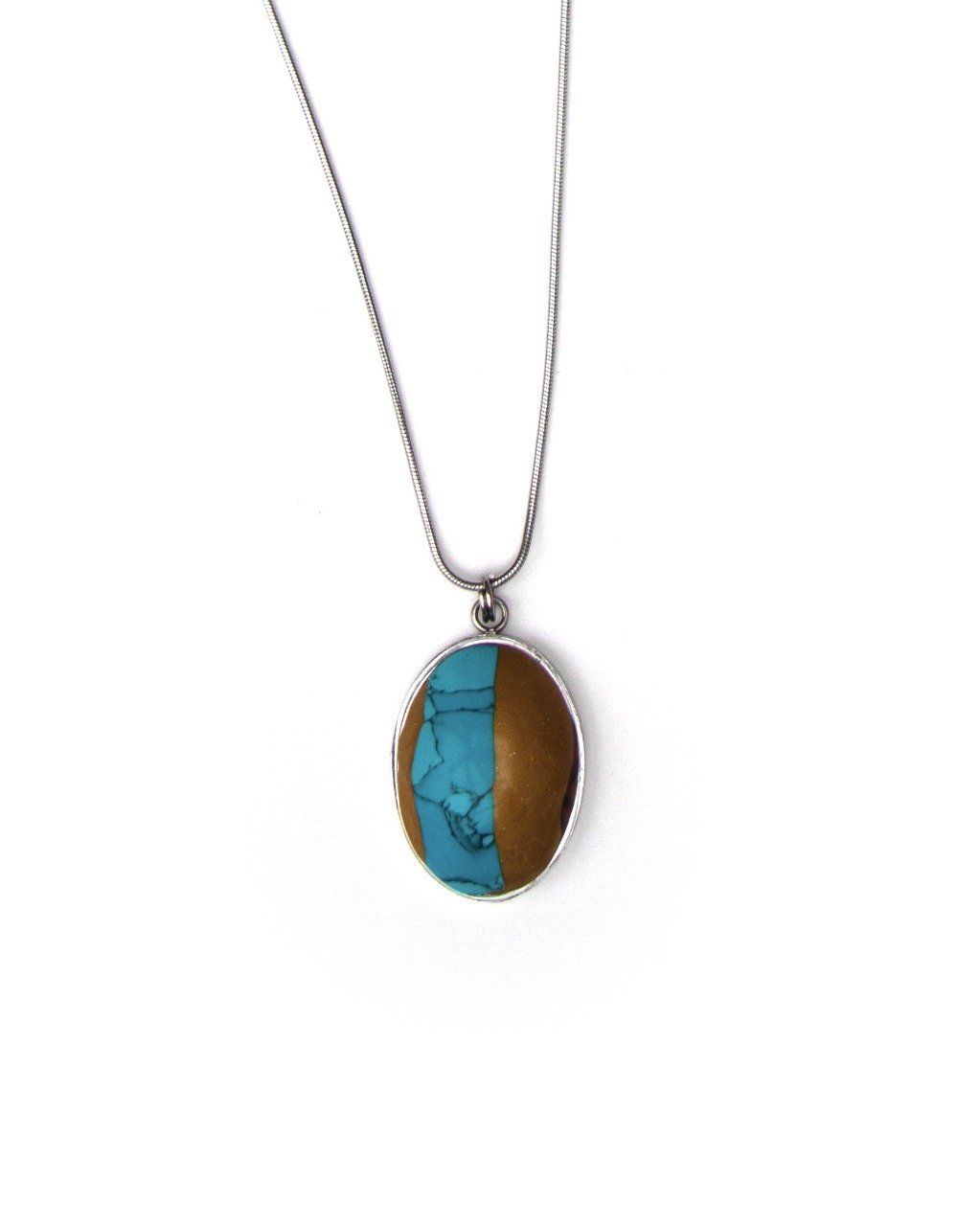 Collier pendentif ovale serti en acier inoxydable imitation turquoise et or - Pièce unique