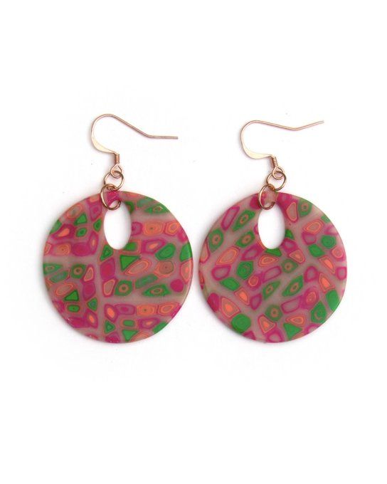 Destockage : boucles d'oreilles et bague réglable rose fuchsia et vert - Pièces uniques