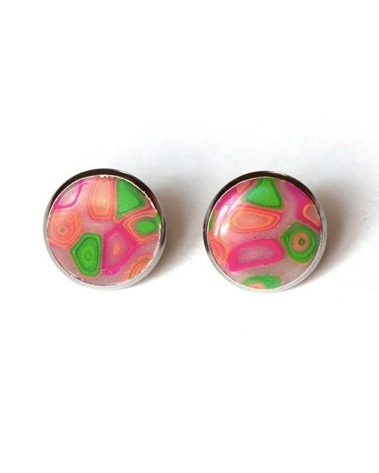 Destockage : boucles d'oreilles et bague réglable rose fuchsia et vert - Pièces uniques